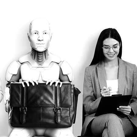 Ilustración de un robot y una profesional durante una entrevista