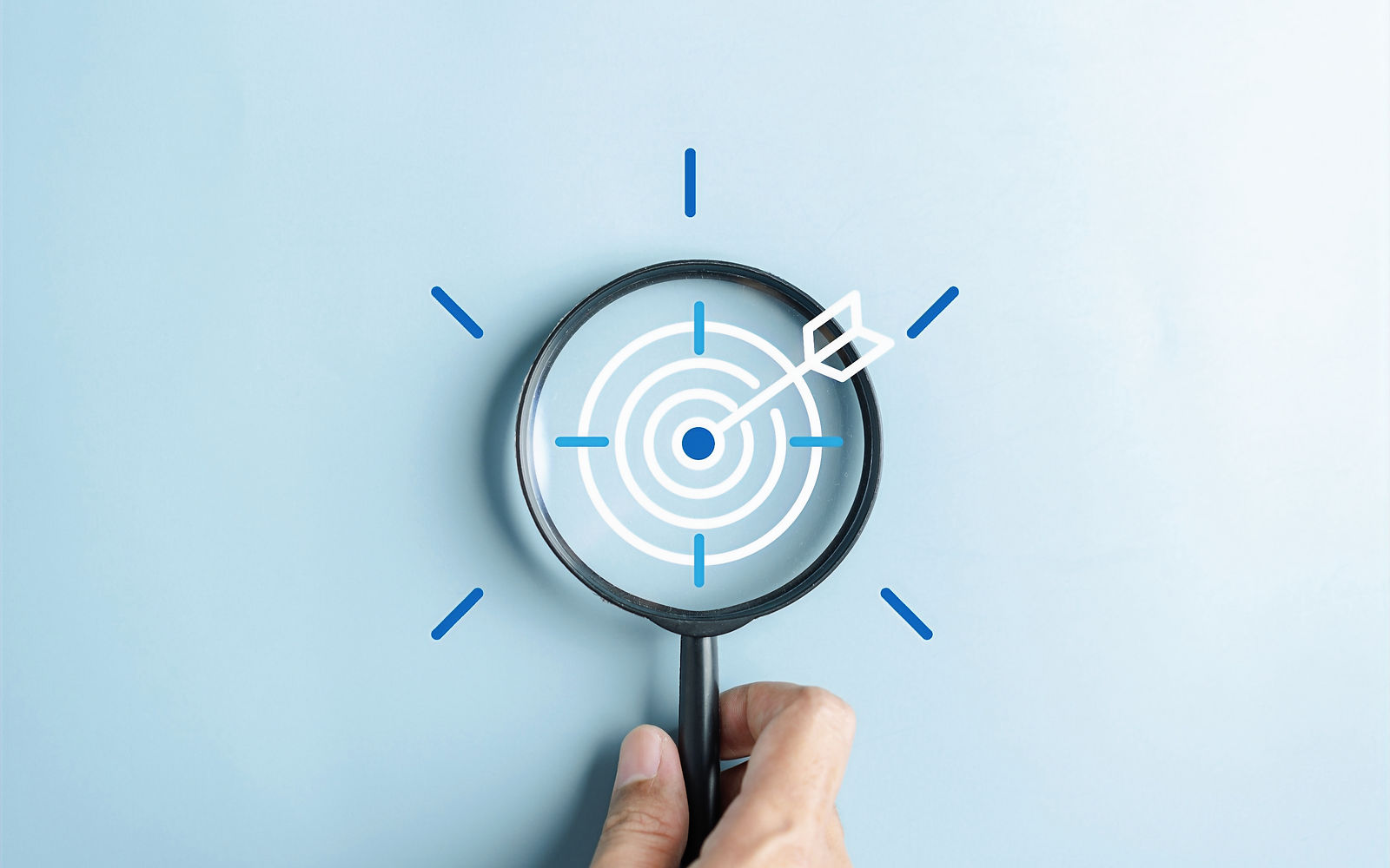 Magnifier glass focus to target objective with idea creative light bulb icon. planning dev